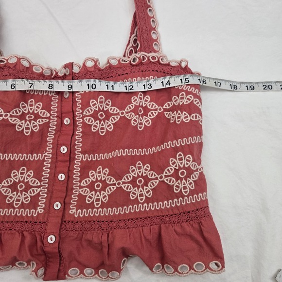 American Eagle Crop Top Womens Small Rust Terracotta Eyelet Smocked Button Front - Picture 6 of 9